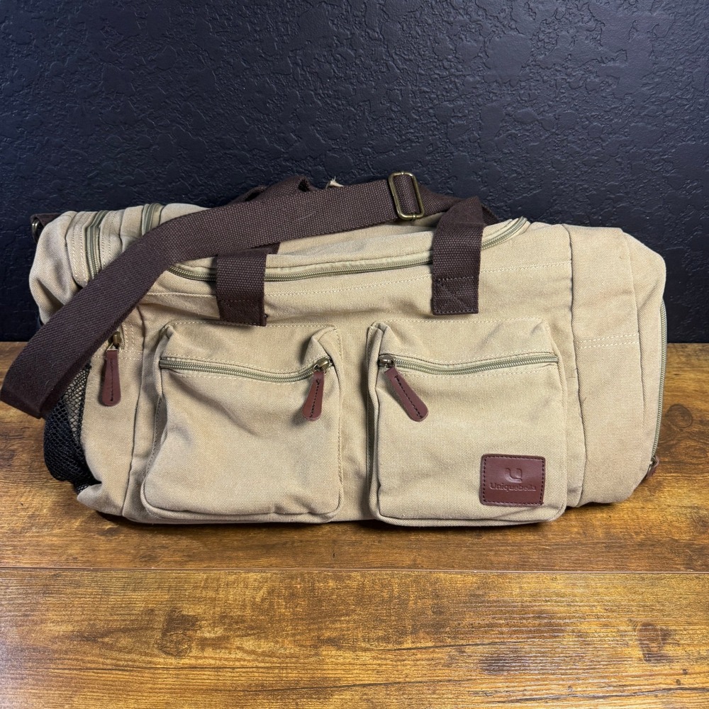 Uniquebella Tan Canvas Duffle Bag Large Travel Weekender Shoe Compartment Mens
